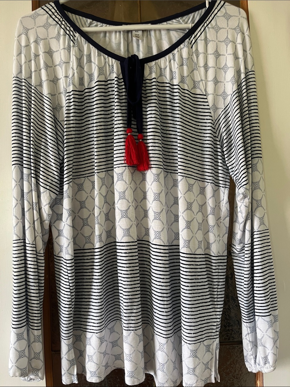 Striped Navy & White Long Sleeve Tunic with Red Tassels - Picture 2 of 5